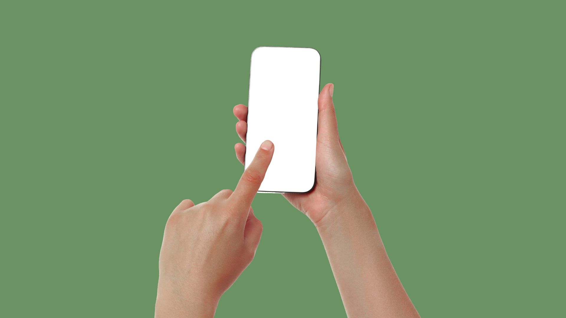 grüner Hintergrund. EIne Person hält ein Handy hoch und Tipp darauf. Auf dem Smartphone ist nichts zu sehen